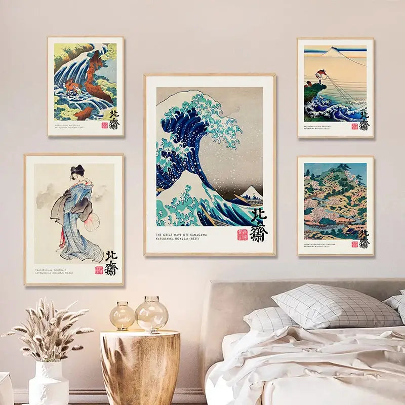 Decorbites vintage canvas print featuring the great wave by hokusai in deep blue and turquoise with mount fuji