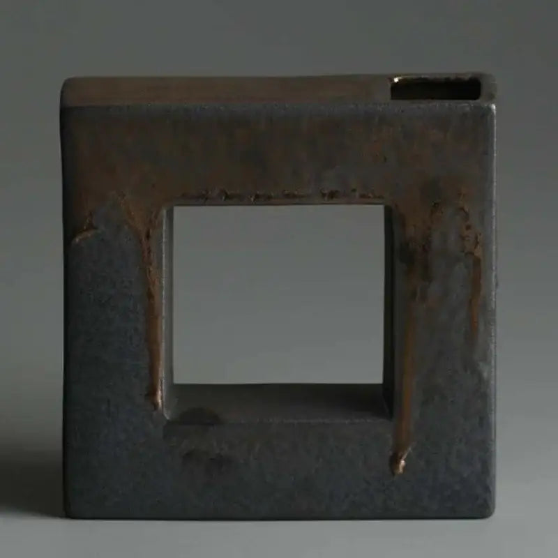 Dark gray ceramic vase with rust-colored patina accents and central rectangular opening vintage chinese retro home decor
