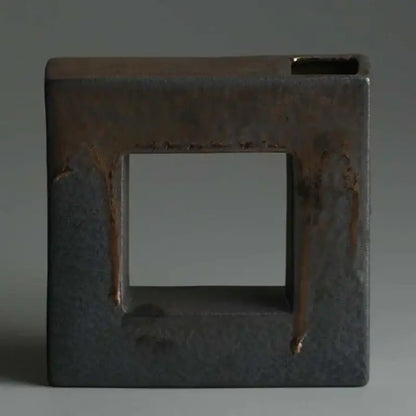 Dark gray ceramic vase with rust-colored patina accents and central rectangular opening vintage chinese retro home decor