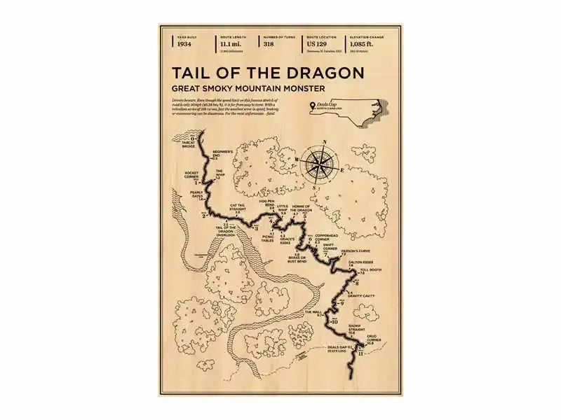 Decorbites™ vintage f1 monaco grand prix racing poster featuring a sepia vintage map of tail of the dragon trails and landmarks