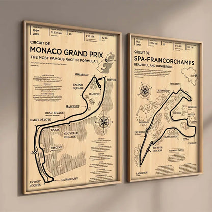 Two framed vintage-style race track maps featuring monaco grand prix and spa-francorchamps in decorbites™ poster