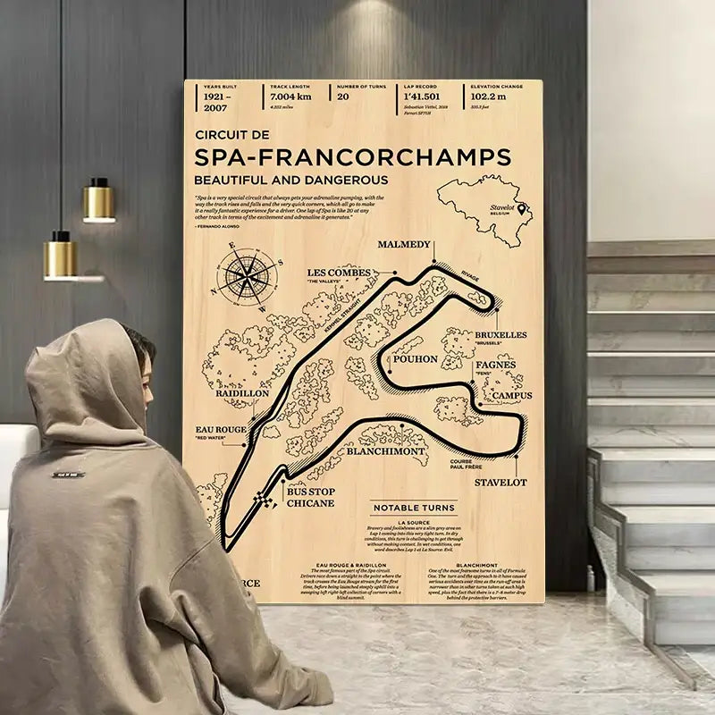A light wood panel decorbites vintage f1 monaco grand prix racing wall art with detailed black line monaco grand map