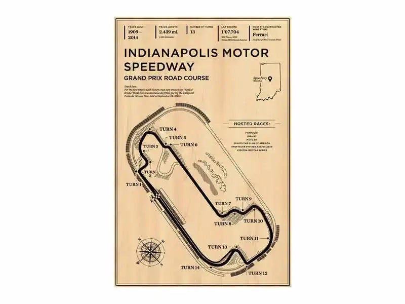 DecorBites™ vintage sepia poster featuring Indianapolis Motor Speedway grand prix road course for monaco grand prix fans
