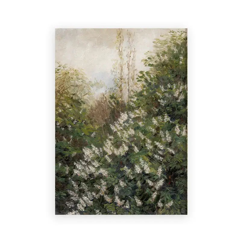 Decorbites™ vintage farmhouse landscape painting wall art featuring an oil painting canvas of green foliage and white blossoms