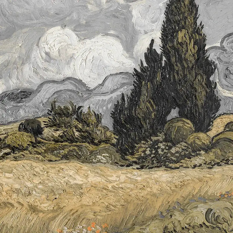 DecorBites™ vintage farmhouse wall art oil painting canvas of textured landscape with dark cypress trees and gray sky