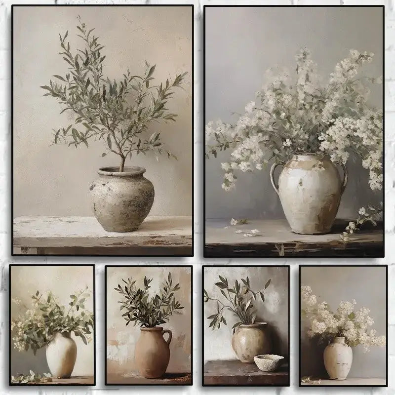 Set of six DecorBites vintage floral vase canvas prints featuring rustic ceramic vases with olive branches and white blossoms