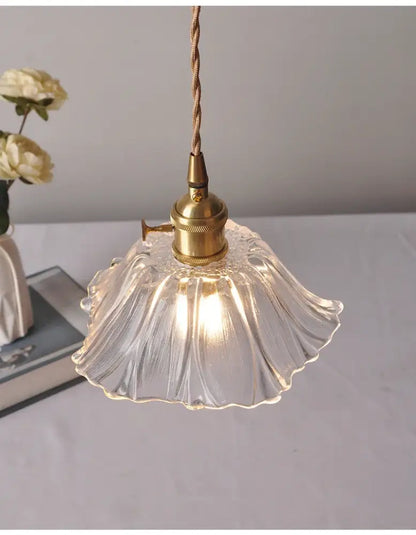 DecorBites vintage flower glass pendant lights with clear fluted glass, brass finish, and twisted cord for home decor