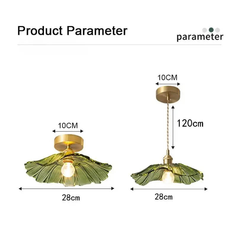 Green leaf-shaped flower glass pendant light with brass metal fixture and chain for home decor by DecorBites
