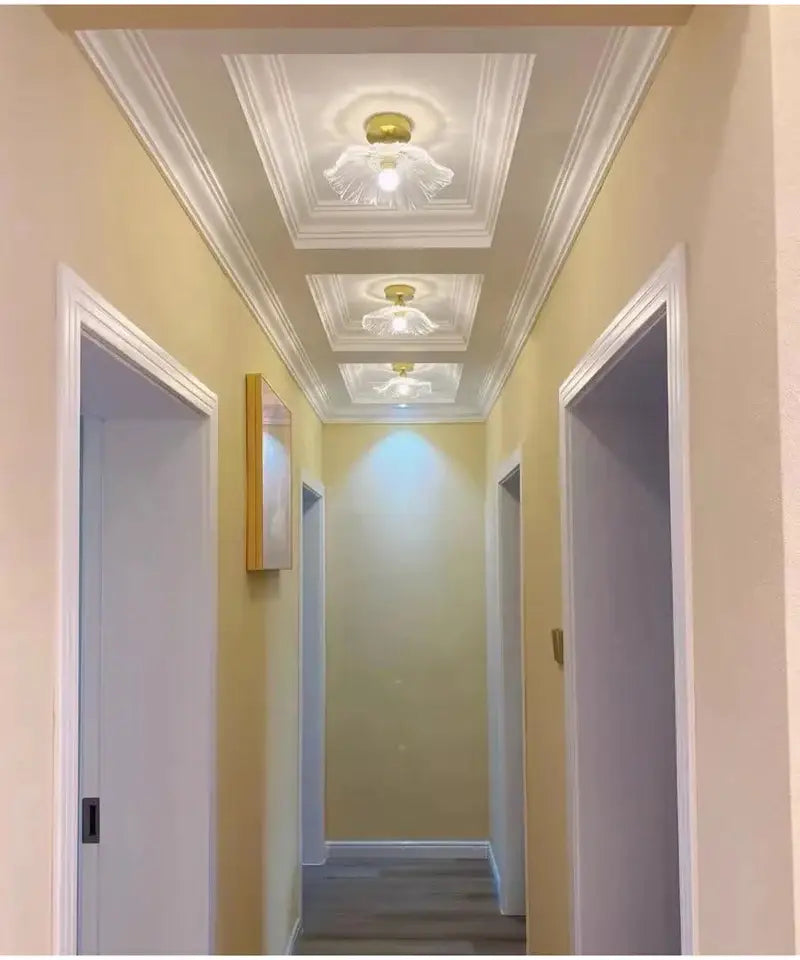 DecorBites™ vintage flower glass pendant lights with white ceiling medallion gold center and translucent petal shades for home decor