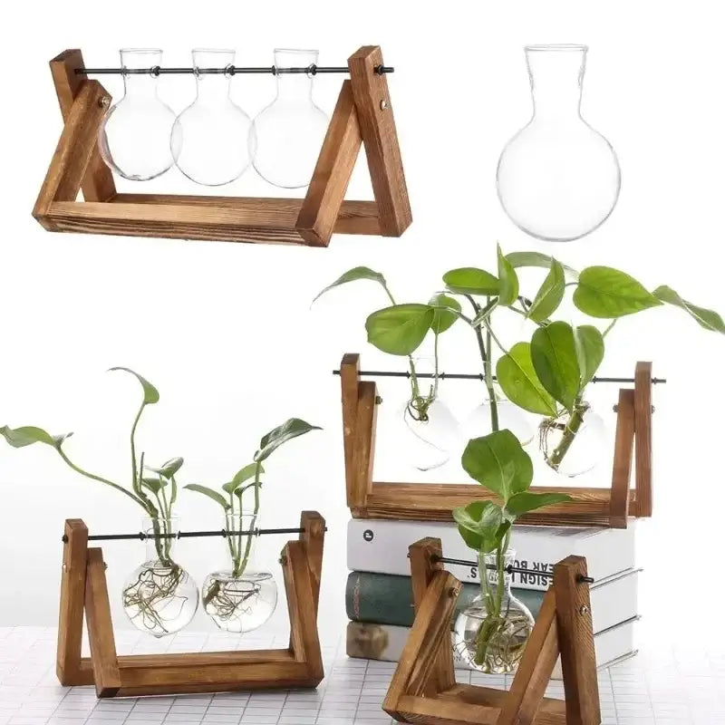 Wooden a-frame stand holding clear vintage glass hydroponic plant vases for tabletop decor by DecorBites™