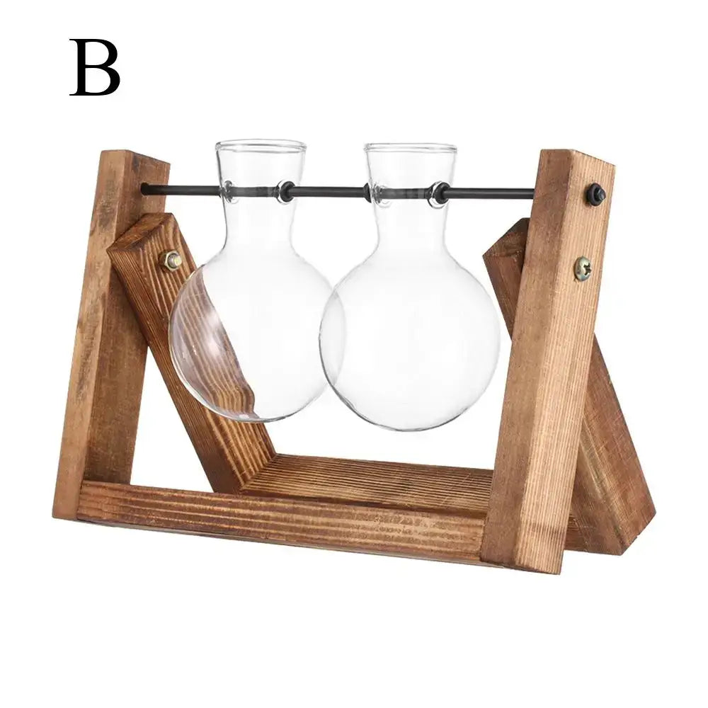 DecorBites vintage clear glass vase tray with rounded globe hydroponic plant vases on a rustic wooden stand