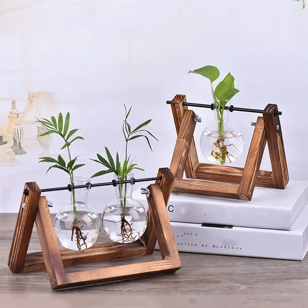 DecorBites vintage glass hydroponic plant vase tray with wooden a-frame stand holding clear glass vases and green plants