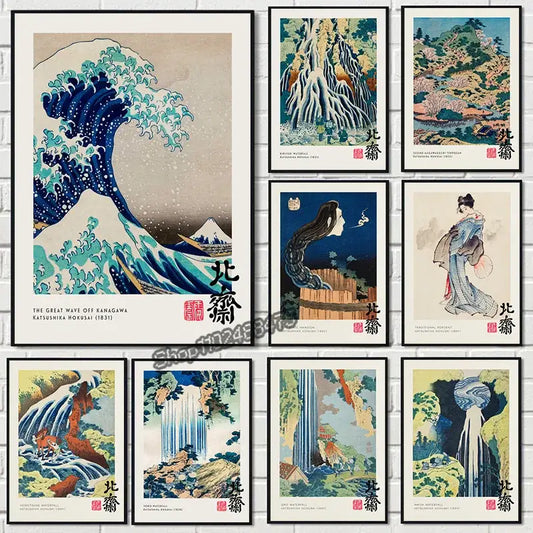 Set of nine framed vintage great wave canvas prints by katsushika hokusai featuring classic ukiyo-e style artwork