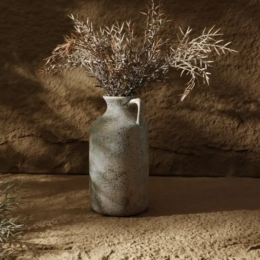 DecorBites™ vintage handmade speckled gray ceramic vase with handle for elegant home decor display