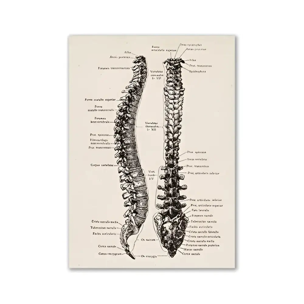 DecorBites™ vintage human anatomy canvas art print featuring detailed black ink illustration of the human spine on beige