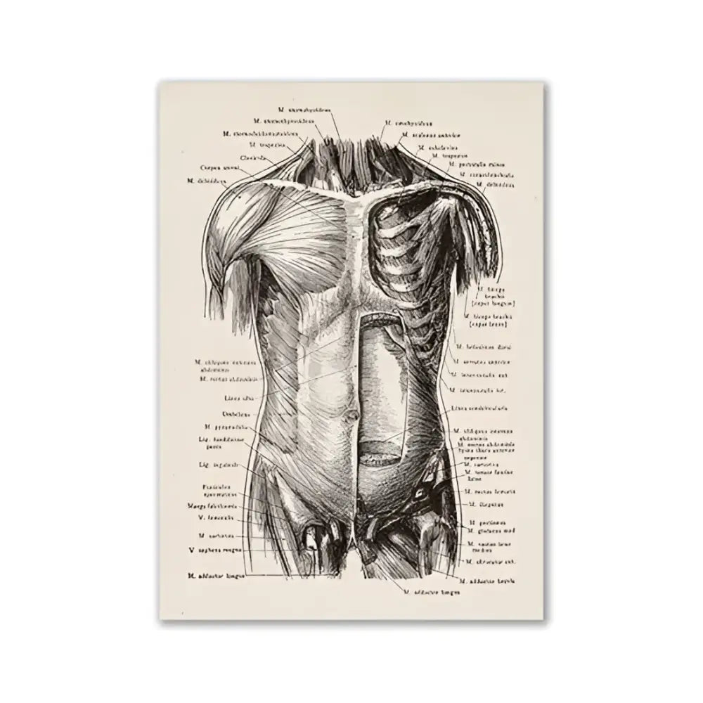 Decorbites™ vintage human anatomy canvas art print featuring black ink anatomical illustration of human torso muscles and organs on aged paper