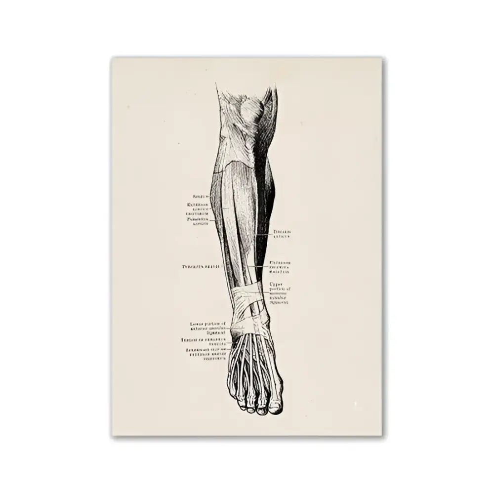 DecorBites™ vintage human anatomy canvas art print featuring detailed black ink illustration of lower leg and foot on textured paper
