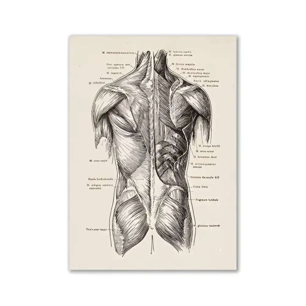 DecorBites™ vintage human anatomy canvas art print featuring detailed black ink back muscle diagram on aged paper