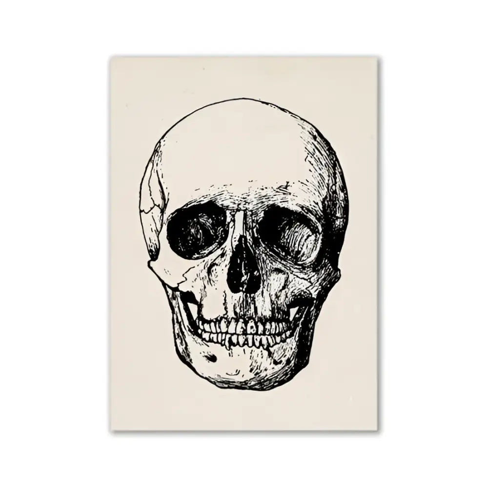 A detailed black ink vintage human anatomy skull illustration on off-white textured canvas art print by decorbites