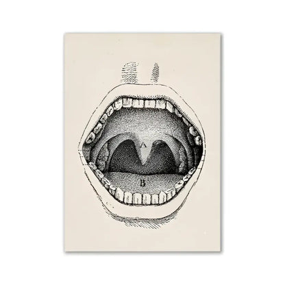 DecorBites™ vintage human anatomy canvas print featuring an open mouth with labeled tongue and throat structures
