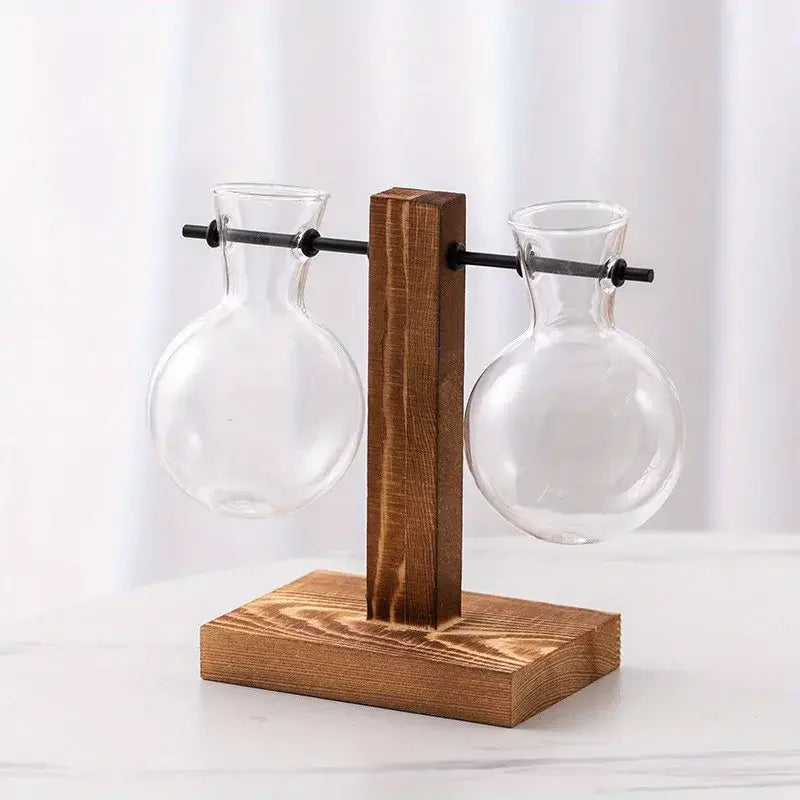 DecorBites vintage low style two bulb glass vases mounted on a rustic wooden stand with black metal bars for propagation