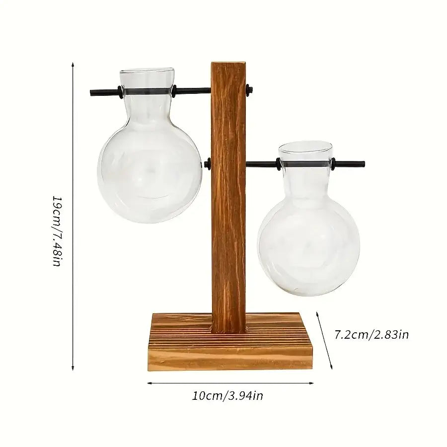 DecorBites vintage hydroponic clear glass two bulb vases with narrow necks on rustic wood stand for low style propagation