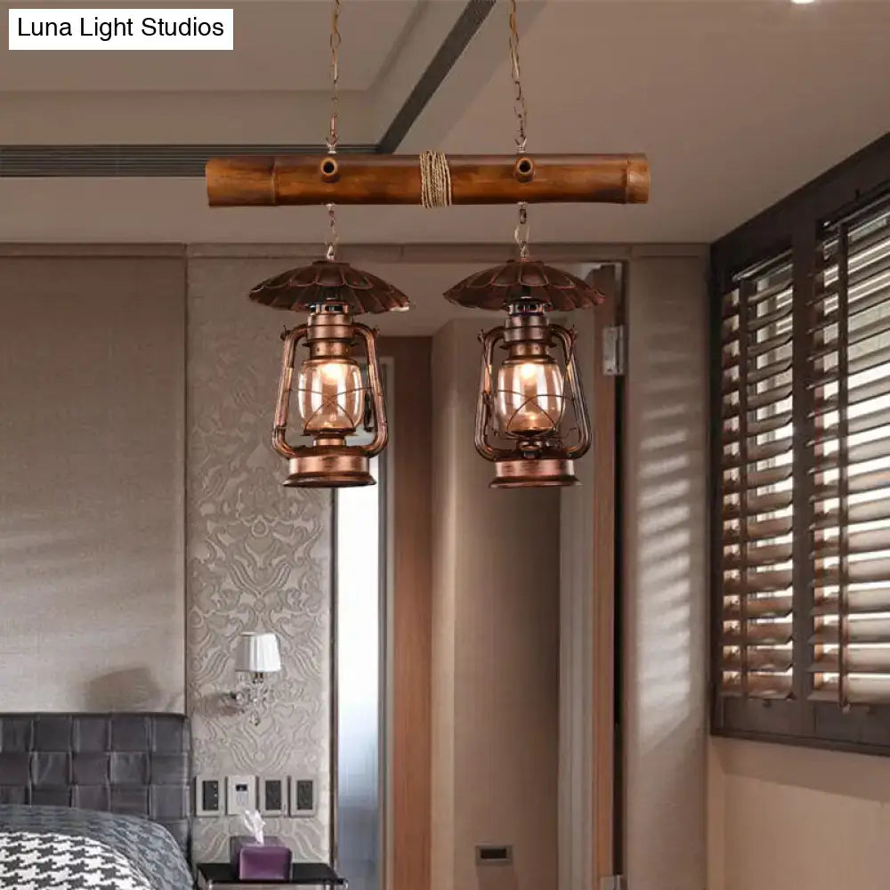 Decorbites™ vintage industrial 2-light island pendant with red brown copper finish and kerosene metallic chandelier design suspended from bamboo rod compatible with 220v-240v 110v-120v