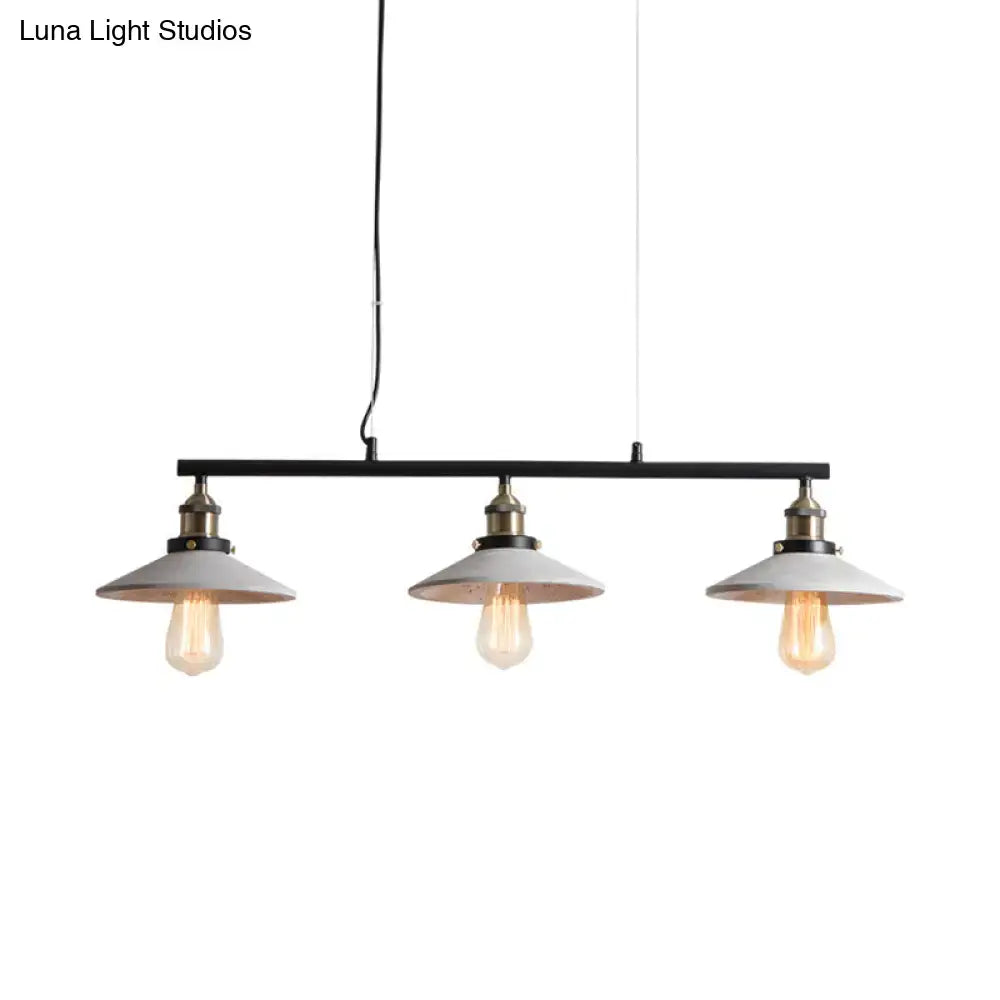 DecorBites vintage industrial island hanging light with black metal bar white conical shades and exposed edison bulbs
