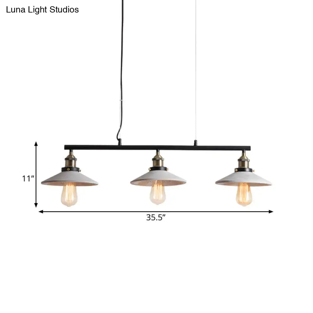 Decorbites vintage island hanging light with three exposed edison bulbs in grey cement pendant and black metal bar