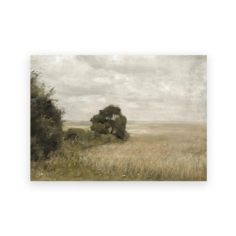 DecorBites™ vintage landscape canvas print wall art featuring a muted impressionistic tree in a golden field