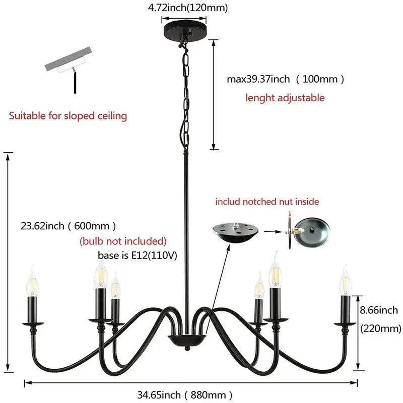 DecorBites™ vintage loft black wrought iron living room chandelier with six candle-style arms and adjustable chain