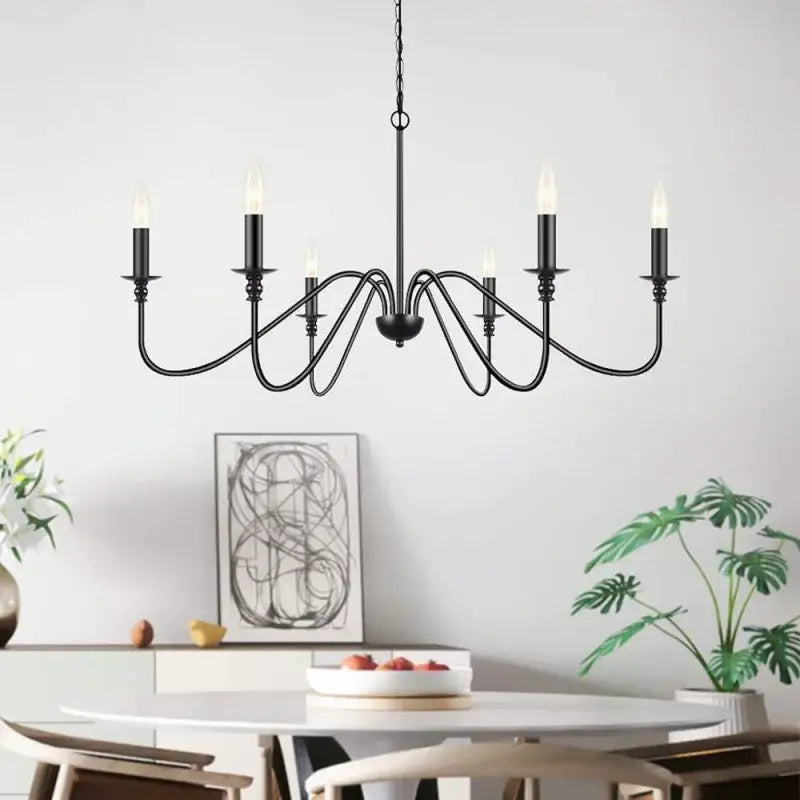 Black wrought iron DecorBites vintage loft chandelier with six candle-style bulbs ideal as a living room chandelier