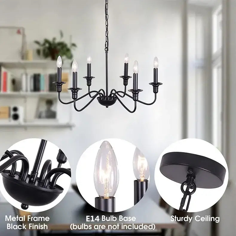 Black wrought iron DecorBites vintage loft chandelier with six candle-style bulbs ideal as living room chandelier