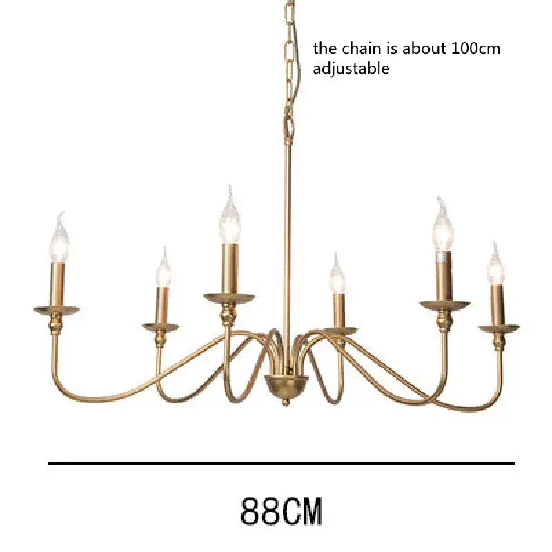 Gold-finished brass DecorBites™ vintage loft chandelier with six candle bulbs and adjustable chain for living room chandelier