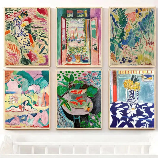 Set of six decorbites™ vintage matisse abstract landscape wall art prints in light wooden frames with vibrant colors