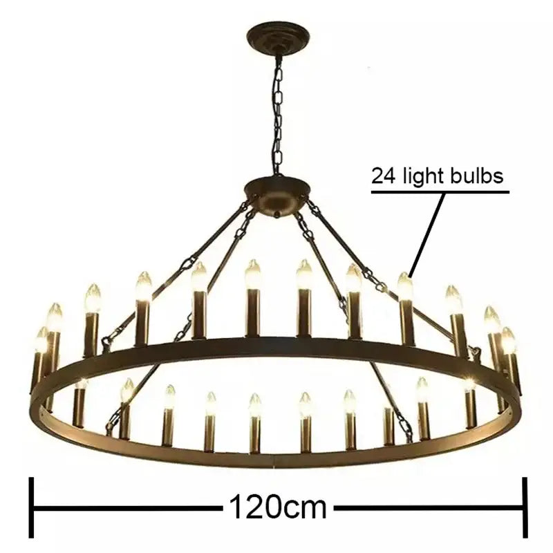 Antique brass DecorBites™ vintage modern led pendant chandelier with 24 candle-style light bulbs in circular design