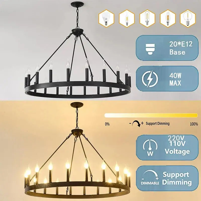 Black wrought iron DecorBites vintage modern led pendant chandelier with 20 candle-style bulbs for ceiling lighting