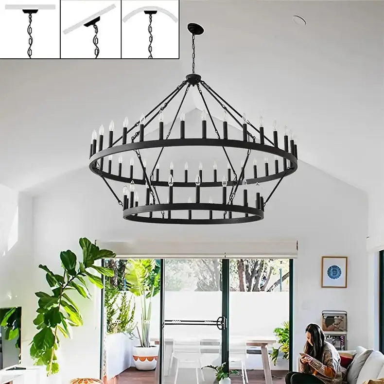 Black wrought iron DecorBites™ vintage modern LED pendant chandelier with multiple tiers of candle-style bulbs