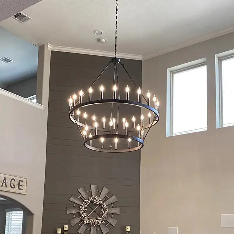 Black wrought iron DecorBites™ vintage modern led pendant chandelier with two concentric rings and candle-style bulbs