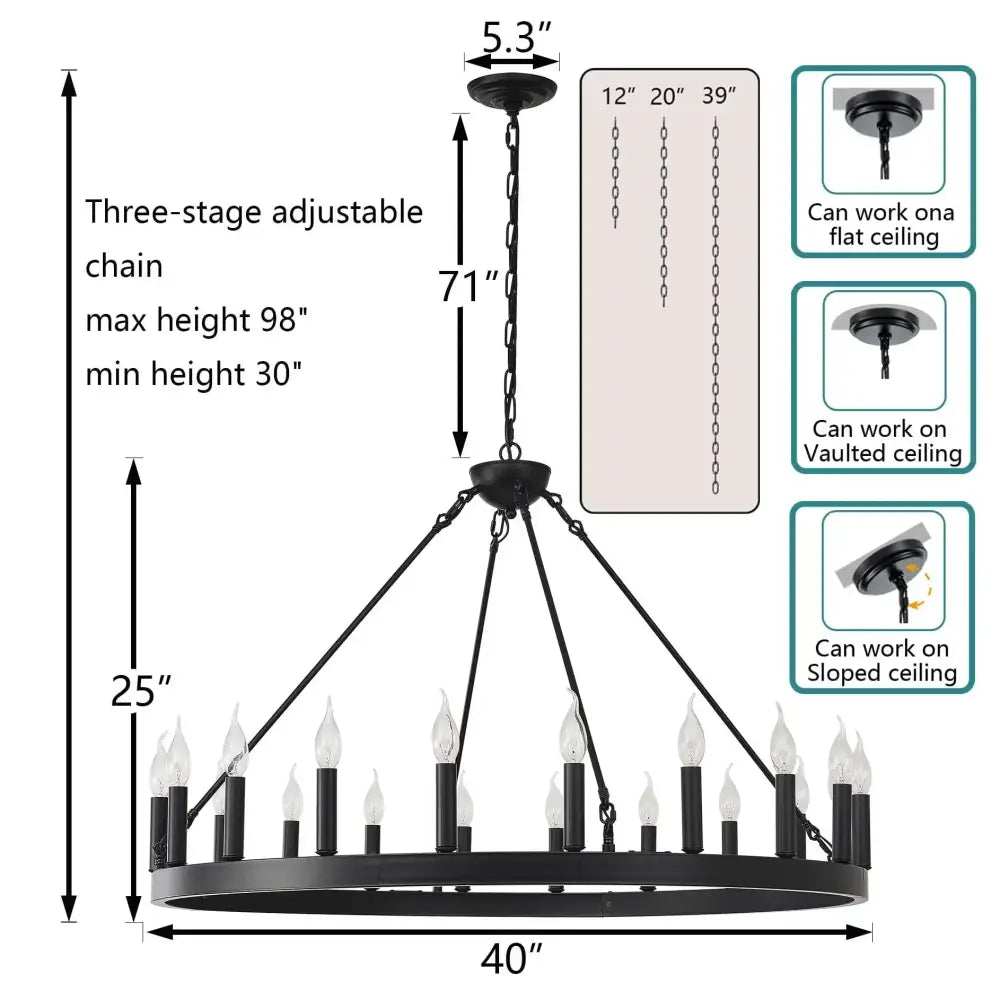Black wrought iron decorbites vintage modern led pendant chandelier with 16 candle-style bulbs in circular ring