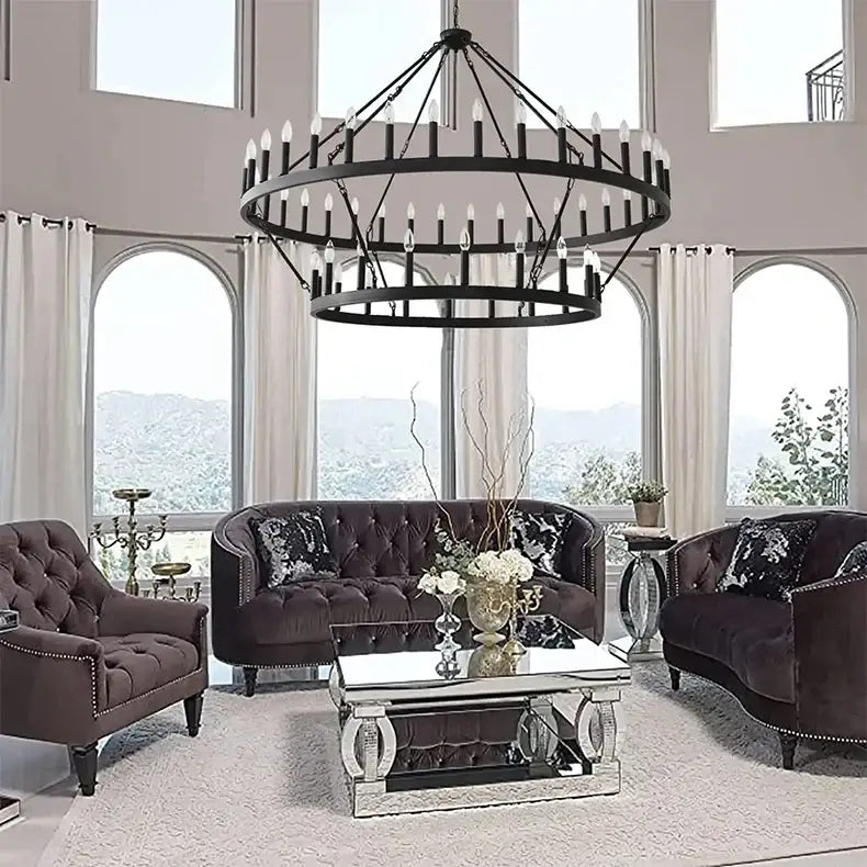 Black wrought iron vintage modern led pendant chandelier with multiple tiers of candle-style bulbs by decorbites