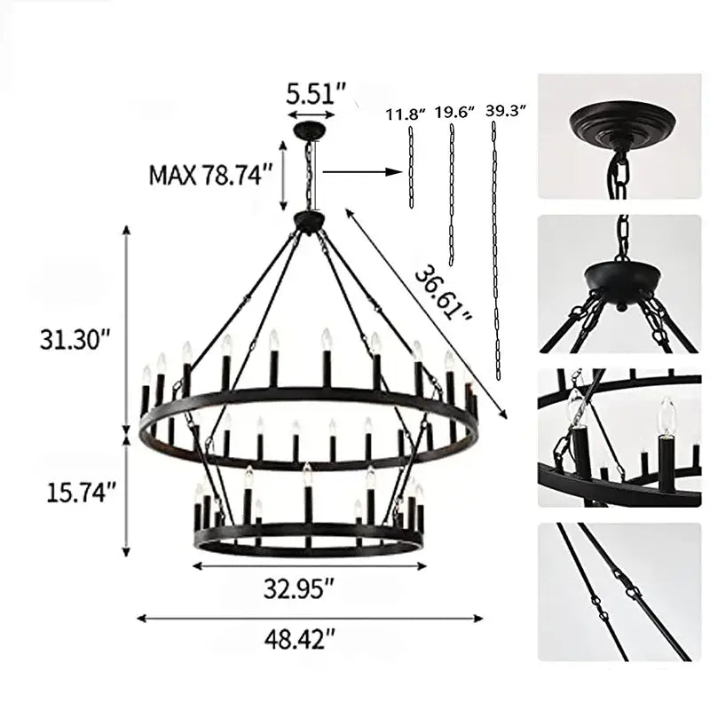 Black wrought iron two-tier DecorBites™ vintage modern led pendant chandelier with candle-style bulbs for ceiling lighting