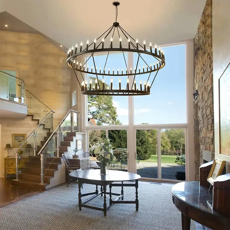 Black wrought iron DecorBites™ vintage modern led pendant chandelier with multiple tiers of candle-style lights