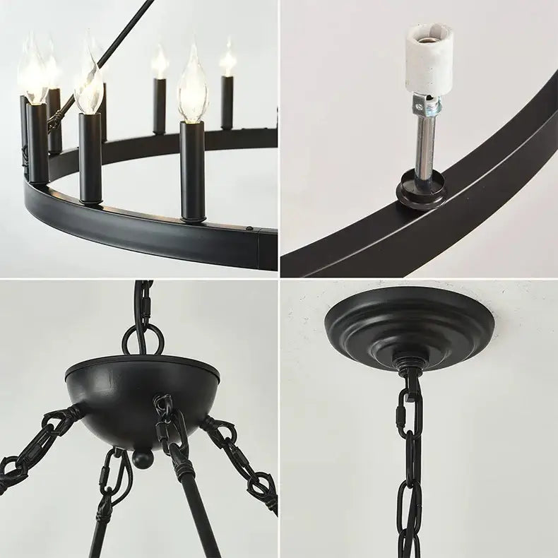 Black wrought iron DecorBites™ vintage modern led pendant chandelier with candle-style bulbs and chain suspension