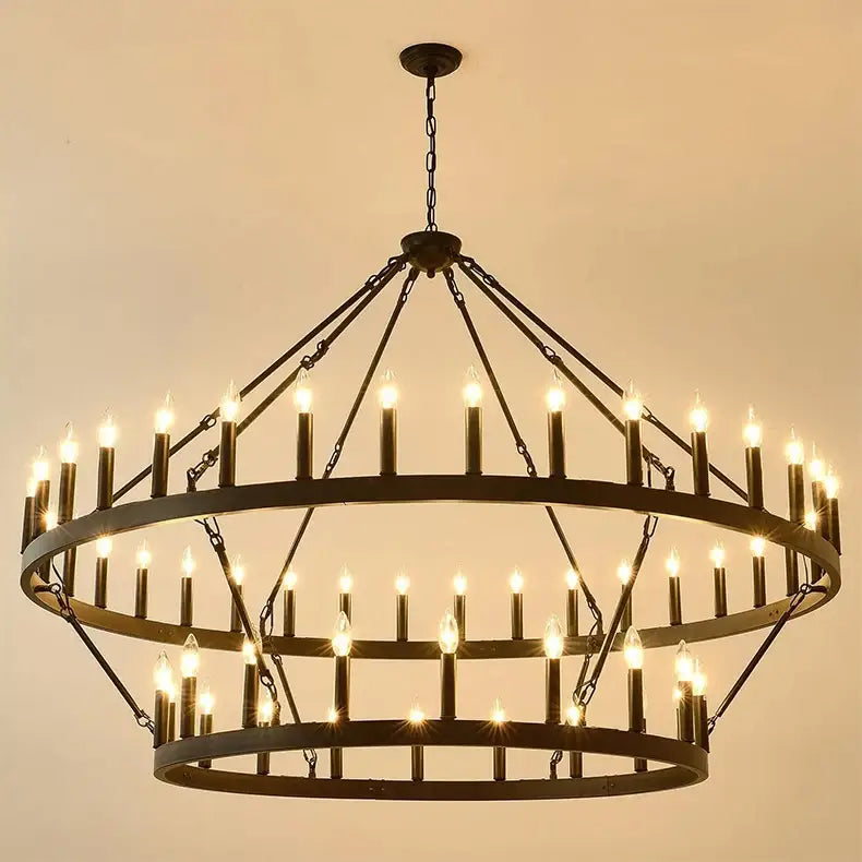 Black wrought iron DecorBites vintage modern led pendant chandelier with multiple tiers of candle-style bulbs
