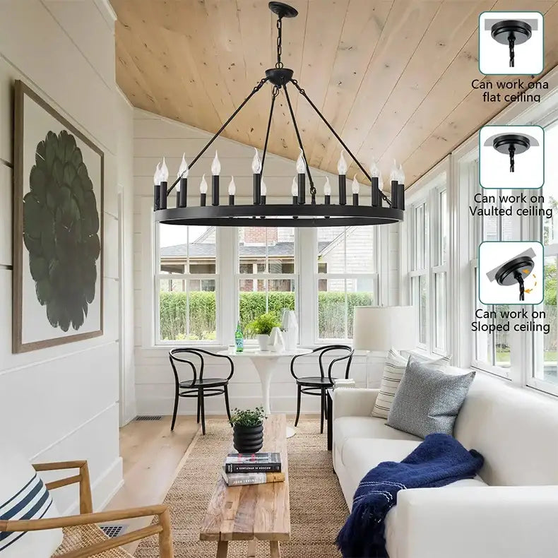 Black wrought iron DecorBites™ vintage modern led pendant chandelier with multiple candle-style bulbs for ceiling lighting