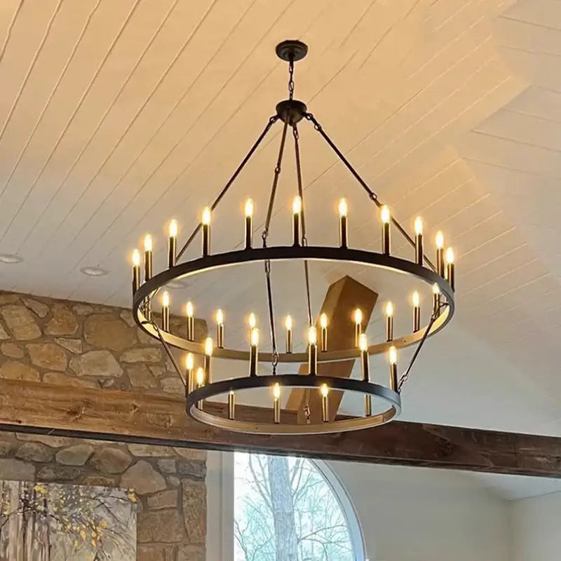 Black wrought iron decorbites vintage modern led pendant chandelier with two rings and numerous candle-style bulbs