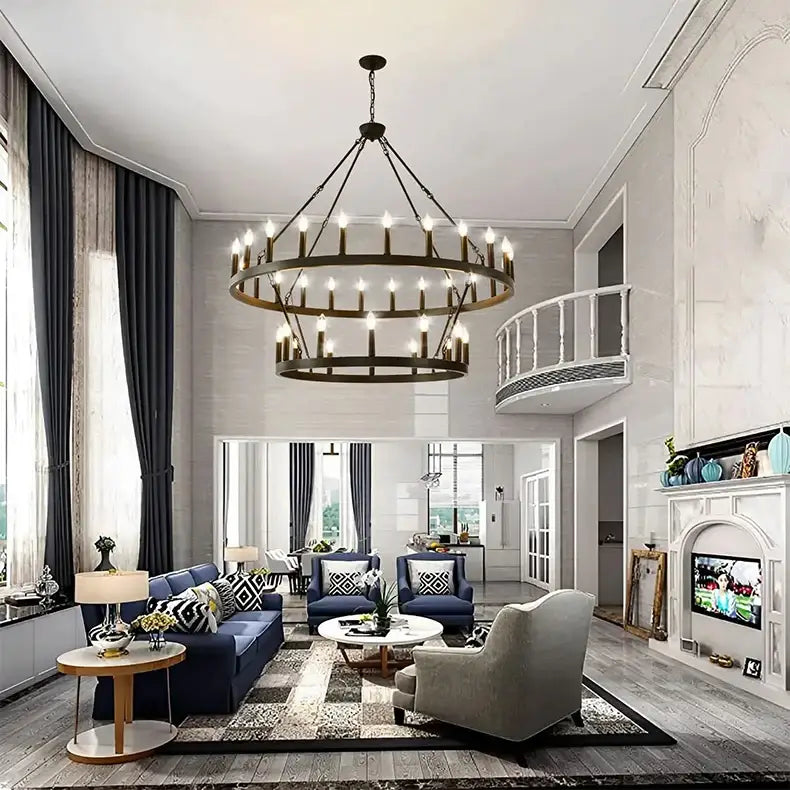 DecorBites™ vintage modern led two-tiered dark bronze pendant chandelier with multiple exposed bulbs hanging from ceiling
