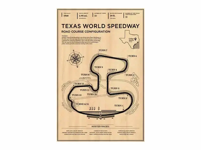Decorbites™ vintage monaco grand prix racing poster featuring texas world speedway road course in black ink on beige background