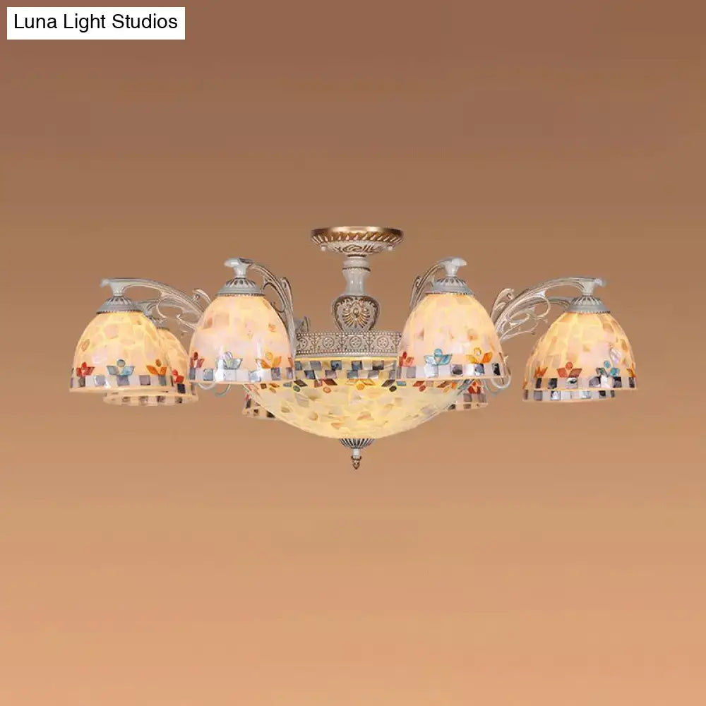 DecorBites vintage multi-light living room chandelier with five warm tone floral mosaic glass shades on metallic frame 220v-240v 110v-120v bowl hanging chandelier